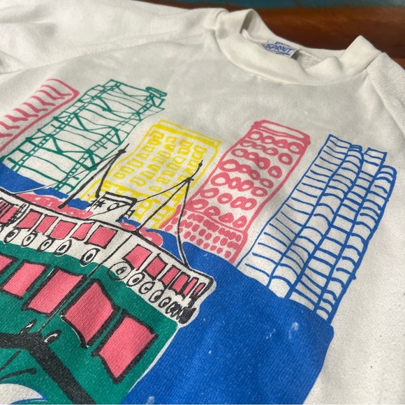 Vintage Ben Sprout Hong Kong CityScape Water Ferry Travel Sweatshirt white blue - Picture 3 of 13